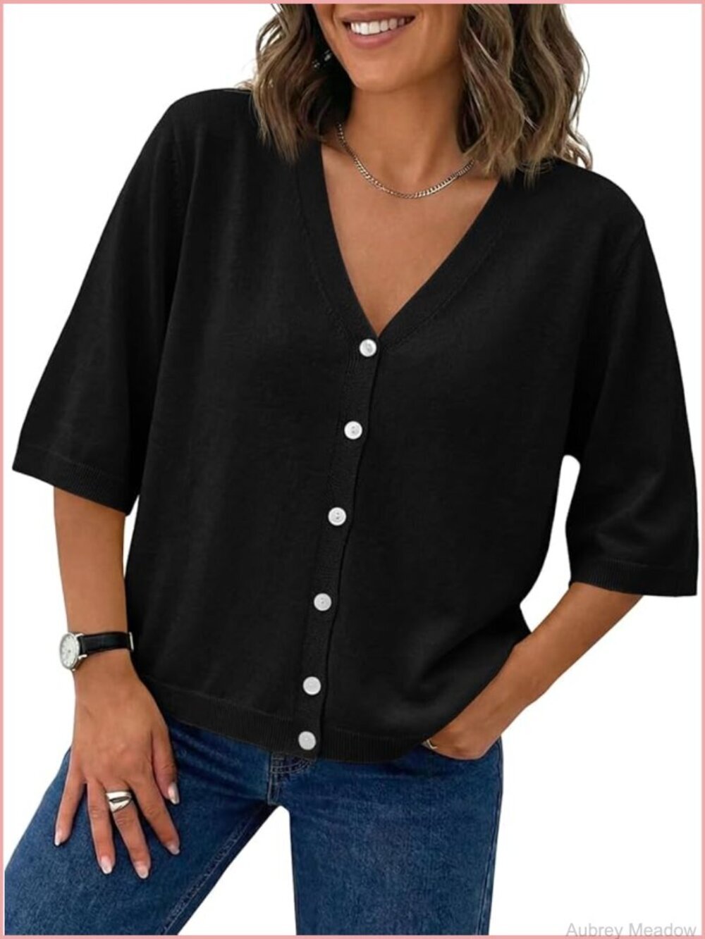 Women's Half Short Sleeve Cardigan Lightweight V Neck Button Down Casual Knit